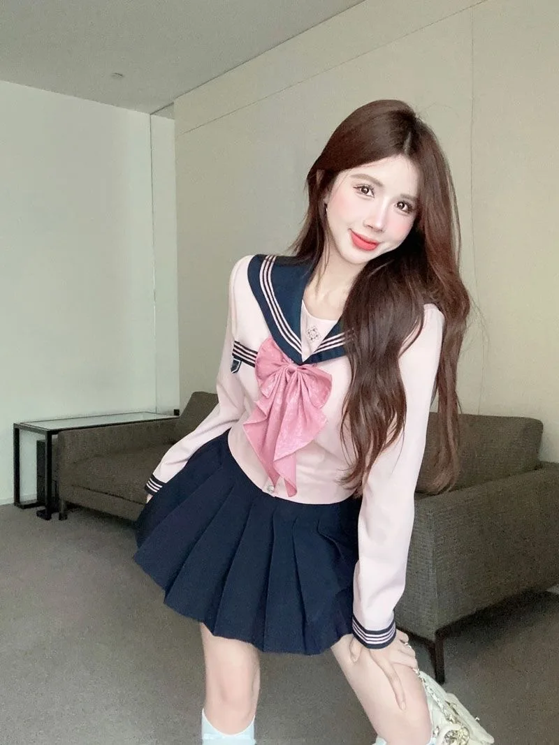 2024 Spring Sweetheart Spicy JK Uniform Set Long Sleeve Academy Style Korean Japanese Girls Sweet Sexy Pink Uniform Set Women