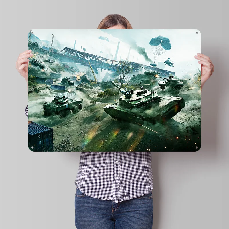 Military Battle Scene With Tanks and Helicopters Personalized 3D Textured Metal Poster Wall Art Vintage Tin Signs for Room Decor