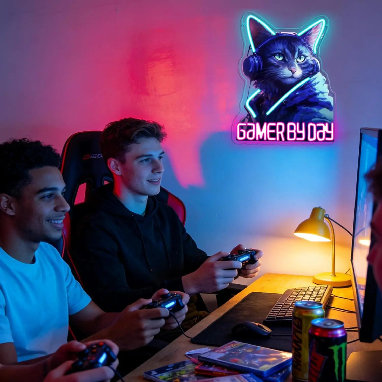 Gamer By Day Cat Neon Sign USB Dimmable LED Light for Game Room Man Cave Bedroom Bar Aesthetic Wall Decor Personalized Gifts