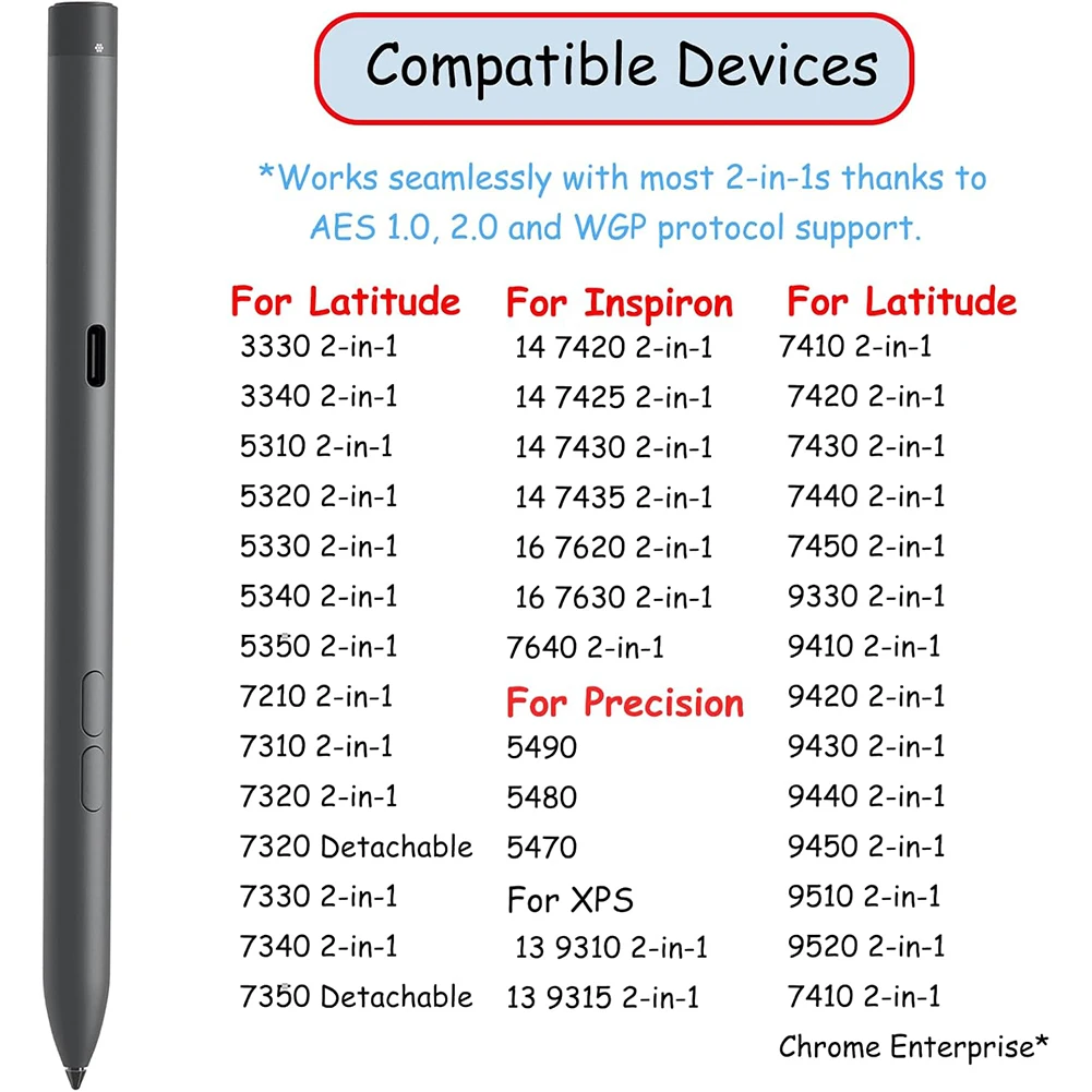 

PN7522W Rechargeable Active Pen Laptop Pen Tilt Recognition Touch Screen Stylus Pen for Dell Latitude 5350 2in 1/7320 Detachable