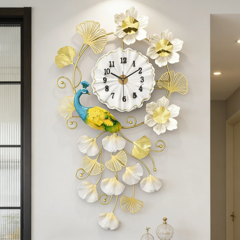 three-dimensional Wall clock interior decoration Light luxury peacock clock Wall Metal craftsmanship wanduhr home furniture