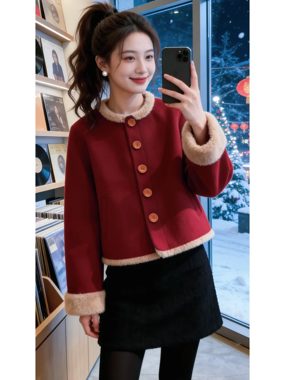 

Новое китайское шерстяное пальто женское 2026 года, осень-зима, элитное, красное, для новогодних торжеств, винтажное, в корейском стиле, свободного кроя