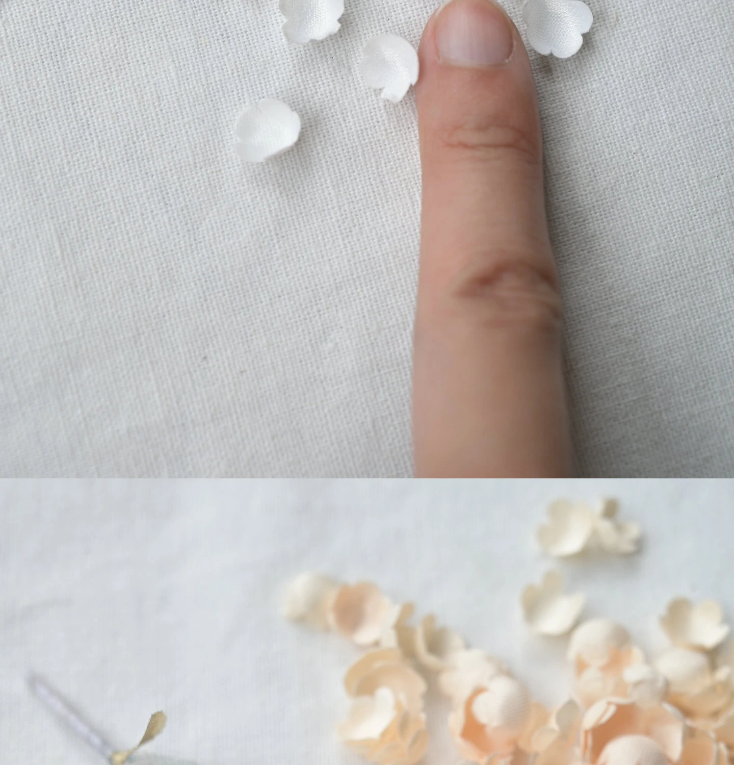 200 Stück/Packung. Satin-Plissee-Blütenblatt-Hochzeitskleid-Kopfschmuck. Puppenkleid aus heißgepresstem Formmaterial „Bell Orchid“. 3D-Stoffblütenblätter. – Detail 27