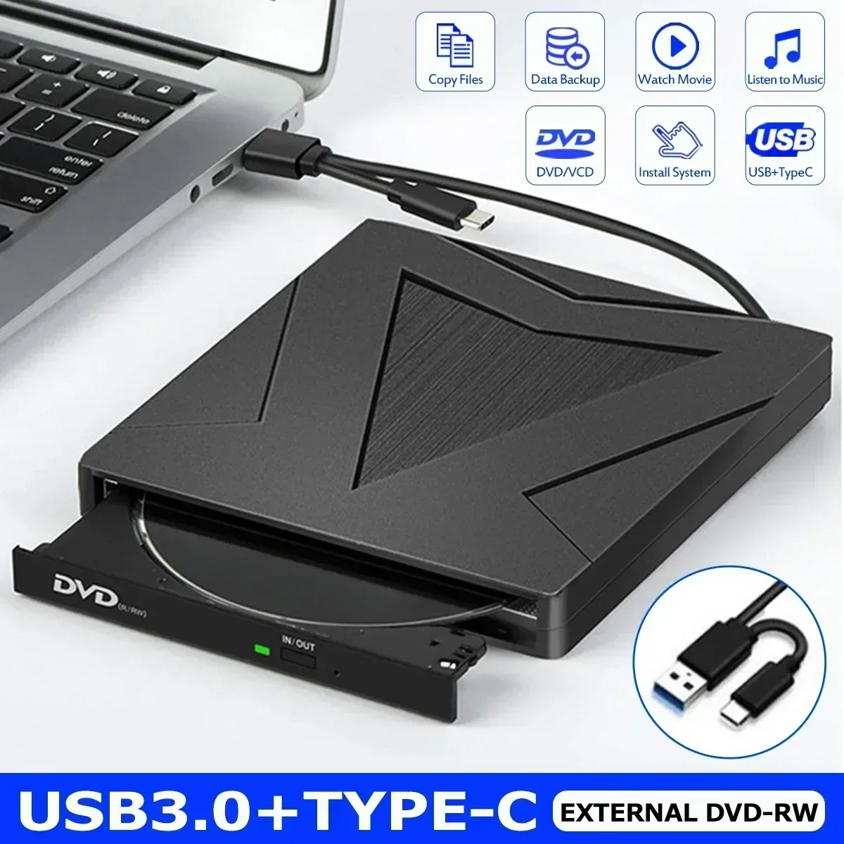 Type C+USB 3.0 Slim External DVD RW CD Writer Drive Burner Reader Player Optical Drives For Laptop PC DVD Burner Driver-free