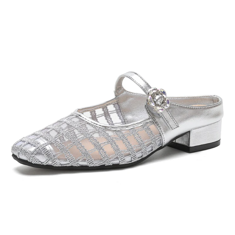 

Дышащие женские туфли-мюли на низком каблуке, удобные сандалии Мэри Джейн, большие размеры до 43, модные женские сандалии с ремешком на пятке