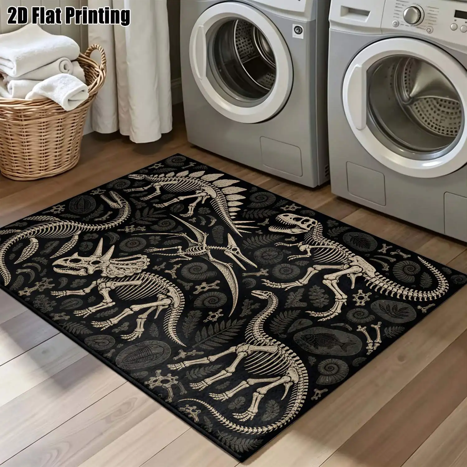 1Pc 2D Printed Retro Black Dinosaur Skeleton Pattern Carpet Nordic/Instagram-Style, Modern Minimalist Vintage European Floor Mat for Entrance, Dining, Foyer, Bedroom, Living Room, Multi-Size, Machine Washable Home Decor.