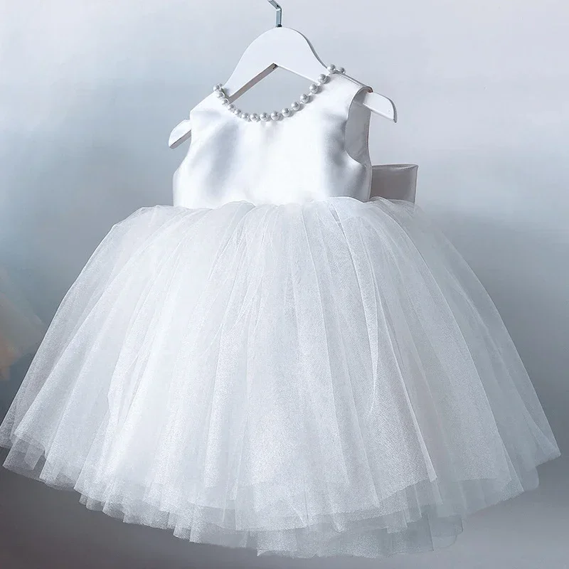 Baby Girl Dress Backless Beads Bow Baptism Dress for Princess 1st Birthday Party Wedding Gown 2024 New Baby Christening Clothing