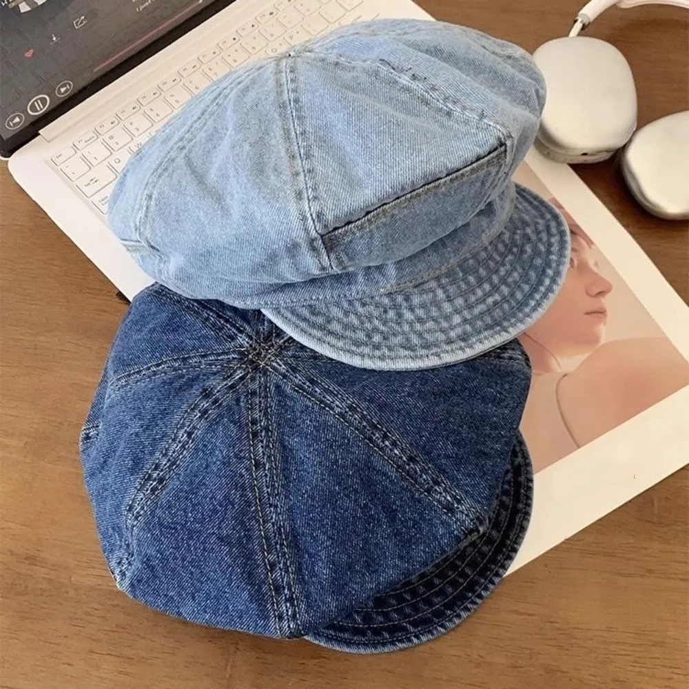 Béret en Denim délavé Vintage coréen, visière nuage, casquette octogonale, artiste Newsboy, chapeau à visière pour femmes