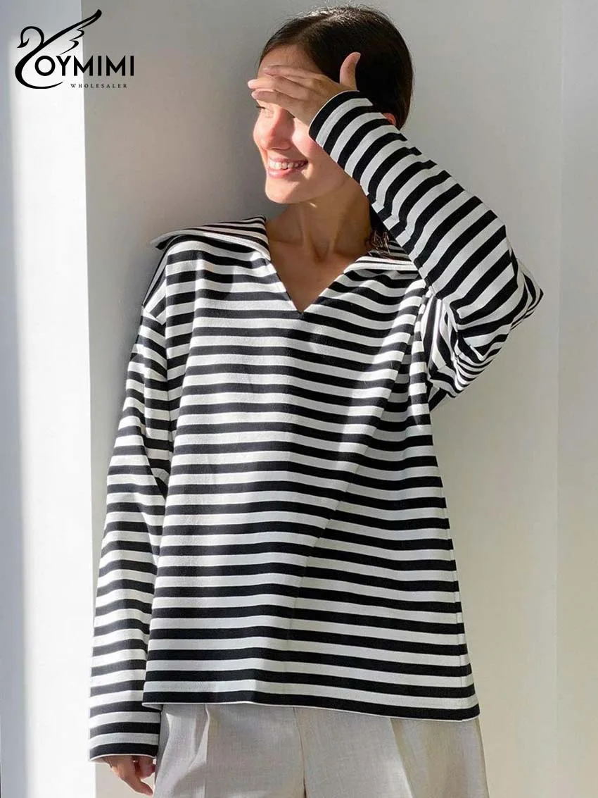 Oymimi Fashion Black White Women's T-Shirt Elegant Turn-Down Collar Long Sleeve Loose Tops Casual Loose Knitting Female T-Shirt