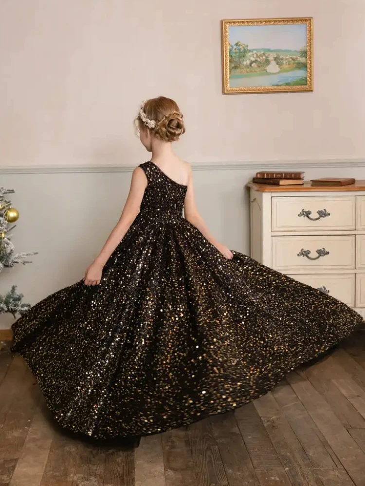 Black Flower Girl Dresses Puffy Sequin Single Shoulder For Wedding Birthday Party Banquet Princess Gowns