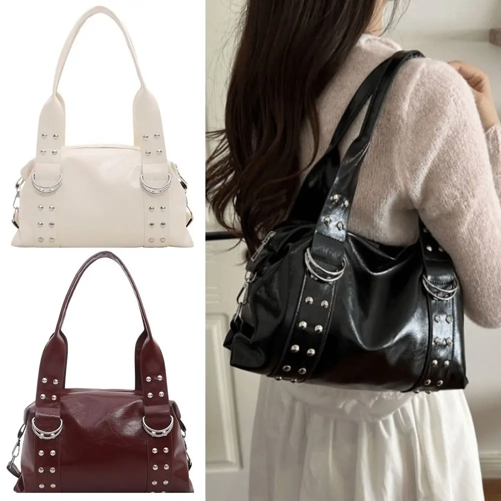 High Quality PU Leather Women's Shoulder Bag Large Capacity Y2K Underarm Bag Motorcycle Bag Women Daily Outfits