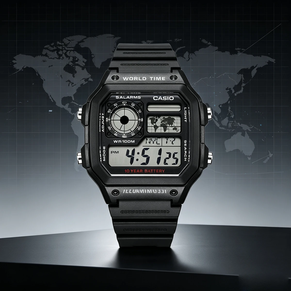 Casio AE-1200WH Series | Digital Sport Watch | 100M Water Resistant | World Time | 5 Alarms | LED Light | 10-Year Battery