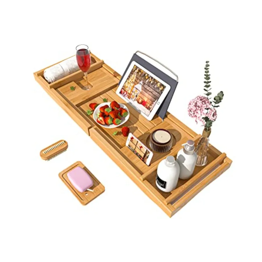 

Bath Caddy Tray for Bathtub - Bamboo Adjustable Organizer Tray for Bathroom with Free Soap Dish Suitable for Luxury Spa or Read