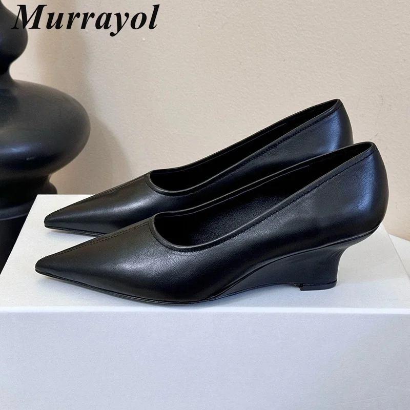 

Туфли-лодочки, женские туфли из натуральной кожи с острым носком на танкетке, весенне-осенние универсальные туфли на высоком каблуке для офиса и отдыха