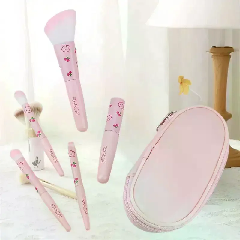5pcs Cute Compact Makeup Brush Set With Case Premium Brush For Flawless Foundation, Blush, Eyeshadow Application Beauty Tools