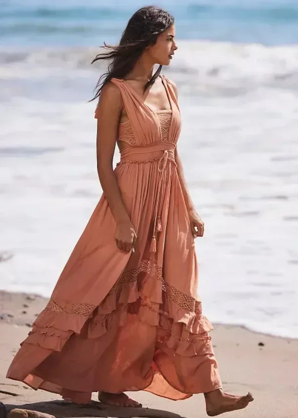 

Summer Beach Dress Sleeveless Cotton Maxi Dresses Boho Style Solid Color Lace Ruffled Sundress Mujer Vestidos