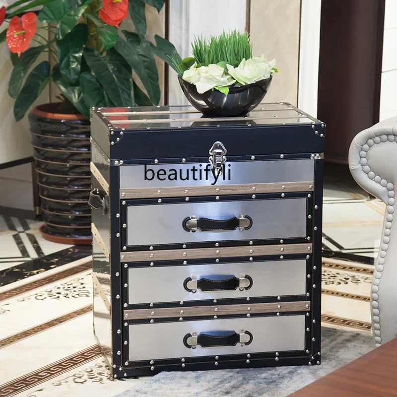 American light luxury bedside table stainless steel brushed mirror living room storage file side cabinet industrial style