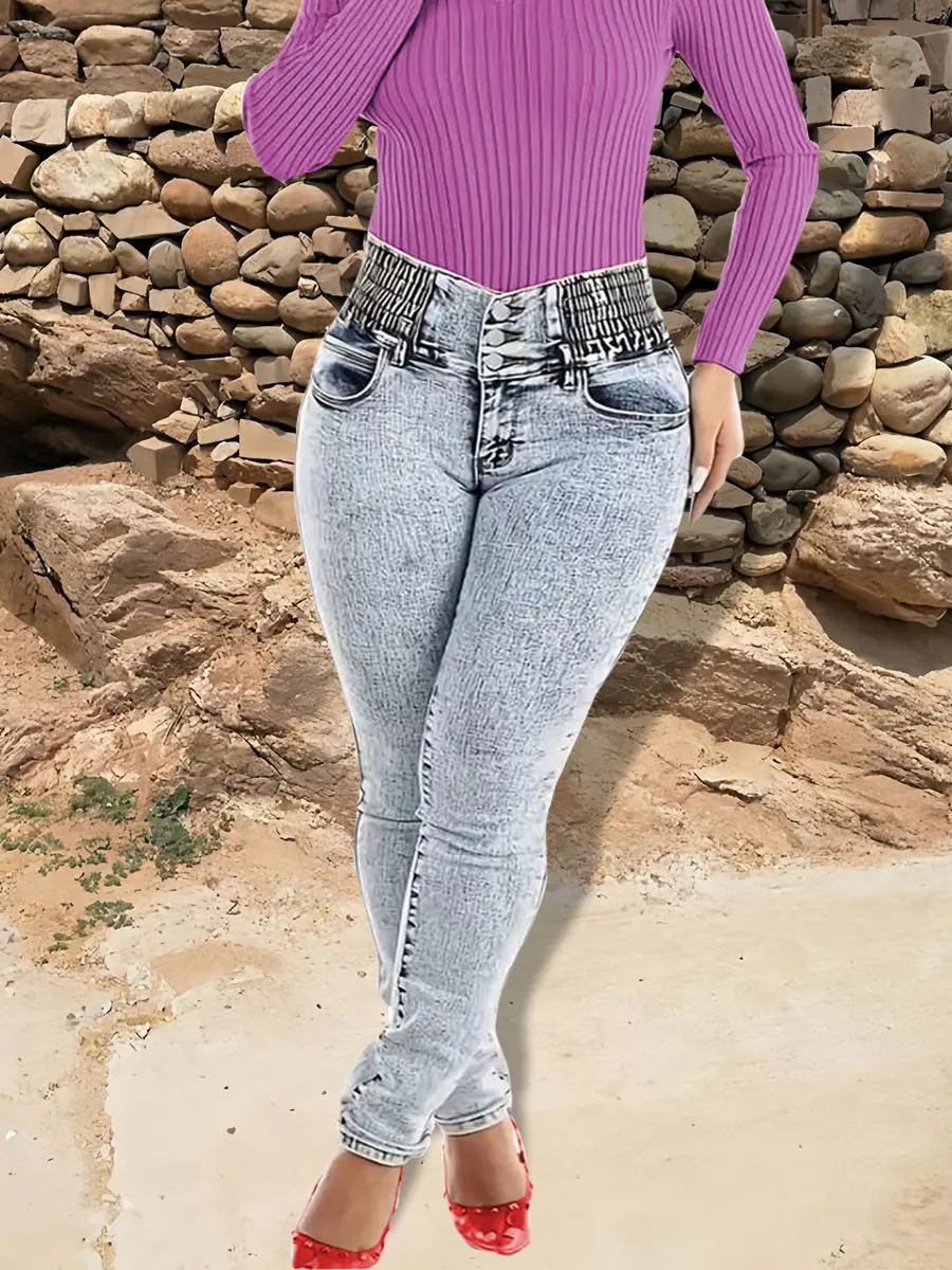 

Women's fashionable elastic trouser front buttons high waist stretch slim fit tight casual foot washing jeans