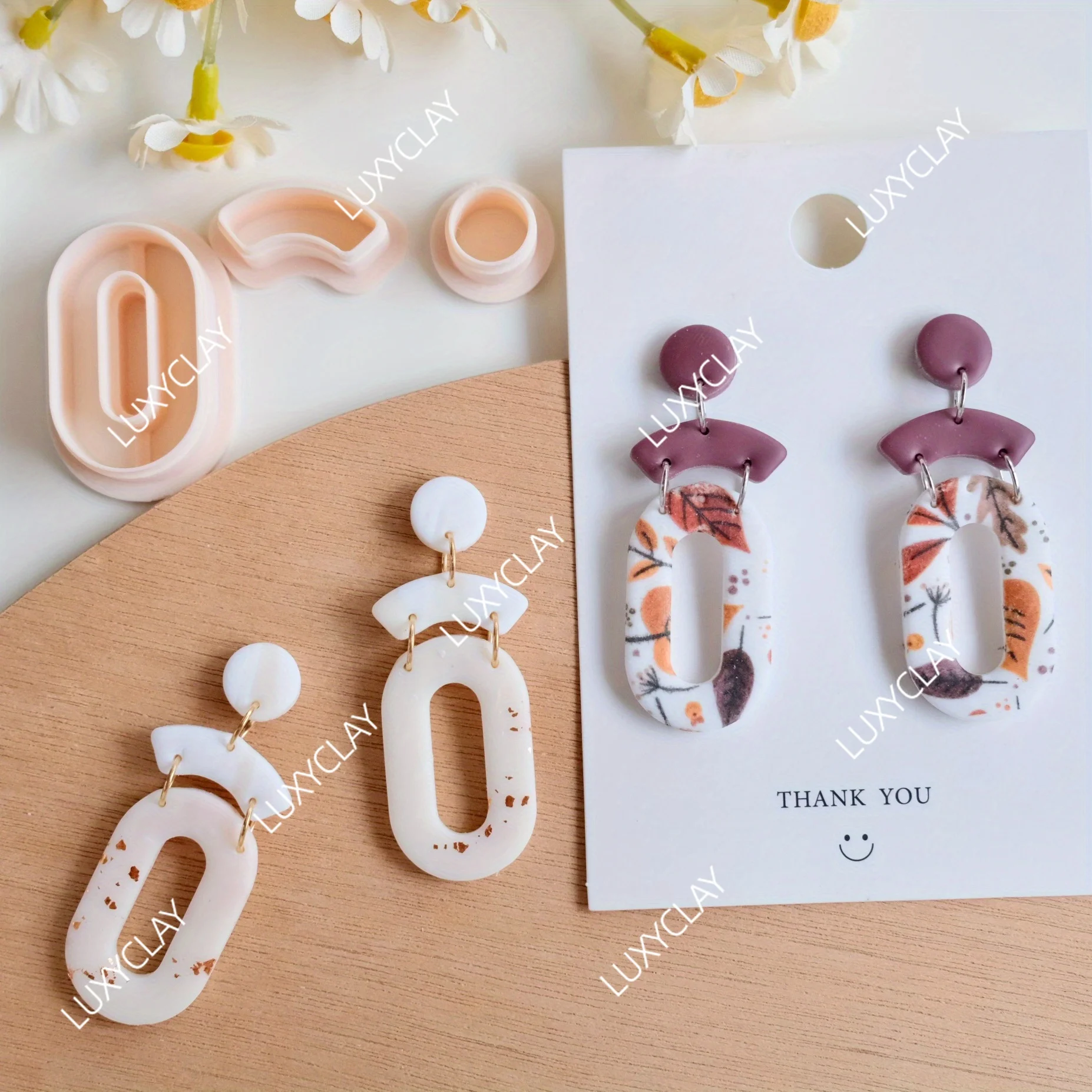 3pcs Abstract Shape Polymer Clay Molds, Oval Chain W/ Circle Dangle Clay Cutters for Earring Jewelry Pendant & Necklace Making