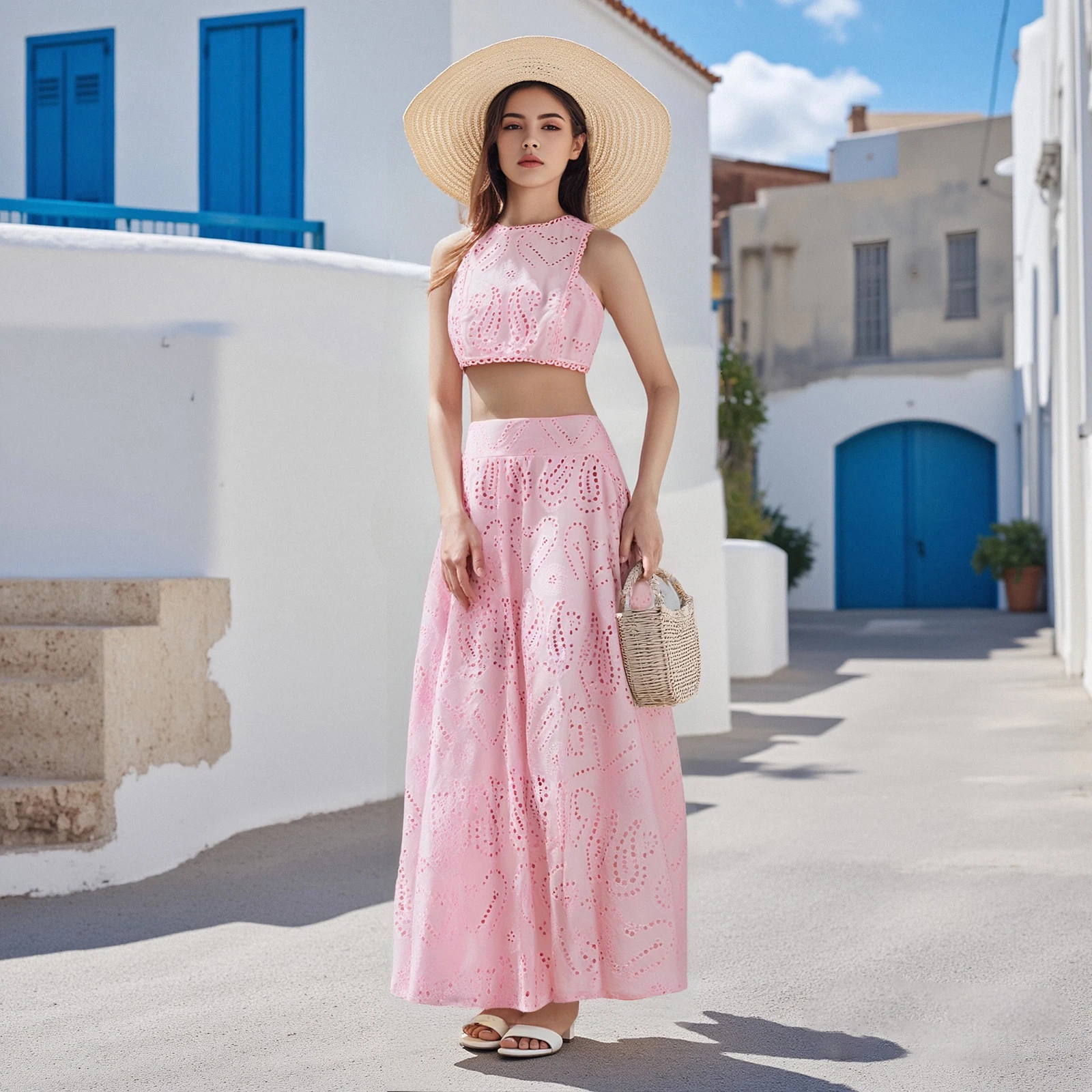 

Women's 2 Piece Outfits Sleeveless O Neck Eyelet Tank Tops Long Flowy Skirt Summr Fashion Solid Color Set