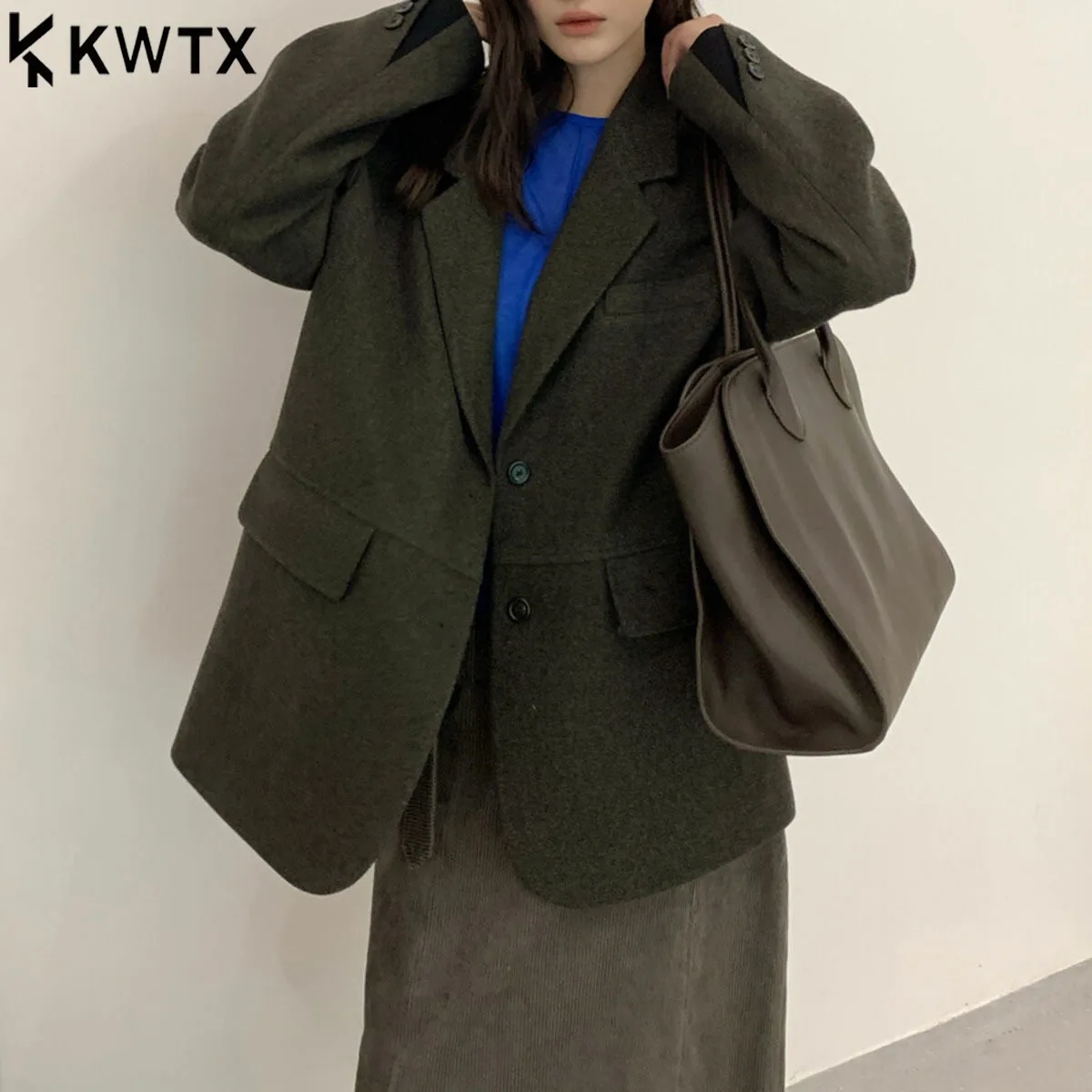 KWTX 2025 100% Wool Blazer Women Solid Color Casual Single Breasted Lapel Trendy Design Elegant New Arrival Autumn Winter