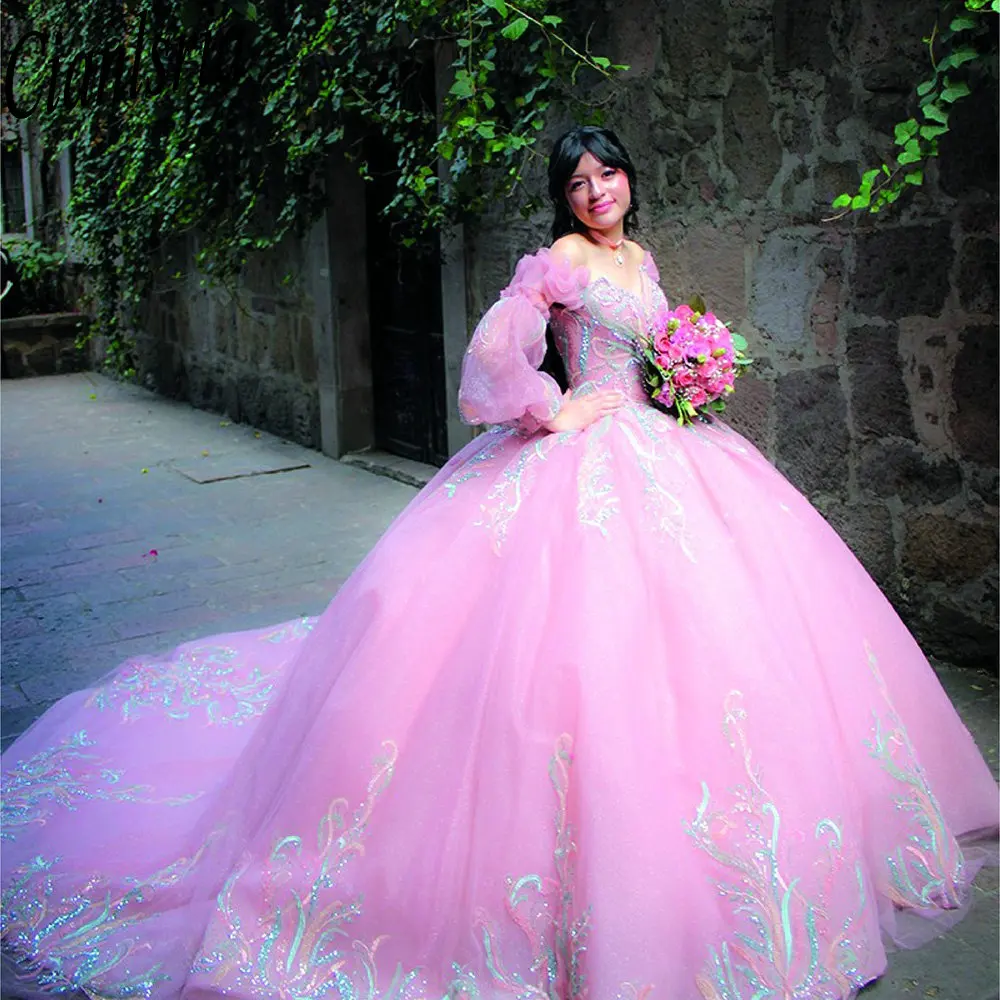 

Pink Off The Shoulder Long Sleeve Quinceanera Dresses Ball Gown Sequined Appliques Lace Sweet 15 Años Mexican Customized