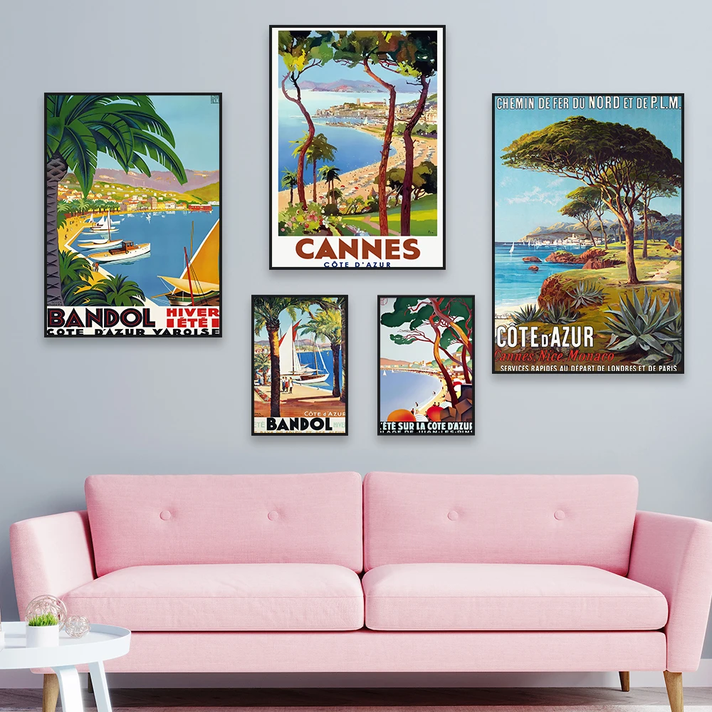 Cannes Cote d'Azur France Travel Poster Bandol Cote d'Azur Vintage Diamond Painting L'ete Sur la Cote d'Azur Art Office Decor