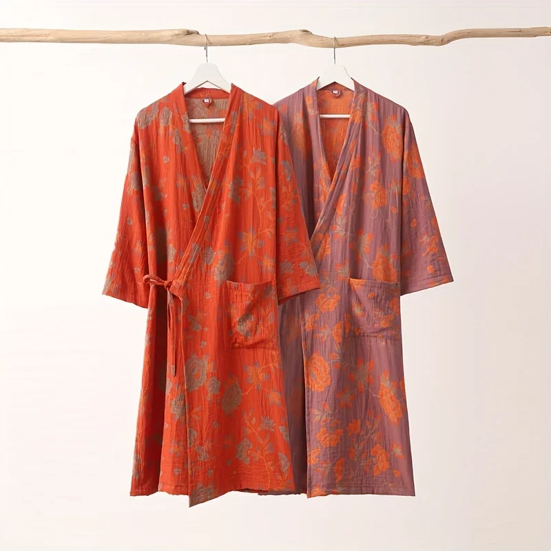 

1pc Summer Womens Bathrobe Absorbent Cotton Floral Printed Super Soft Spa Robe for Bathroom Bedroom Spa Ideal Bathroom Supplies