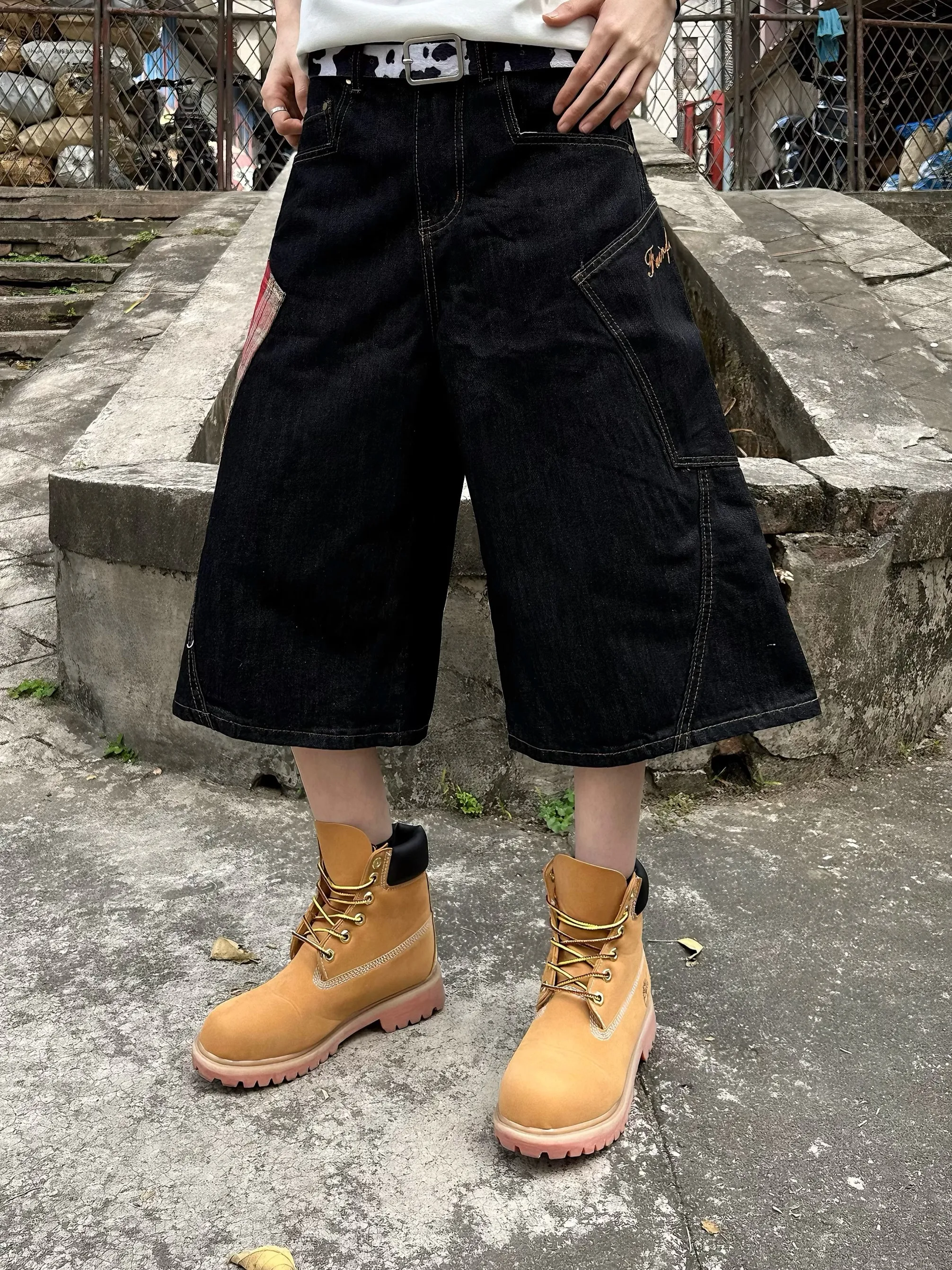 الأمريكية الرجعية منقوشة الربط الجينز الرجال فضفاض واسعة الساق ort السراويل شارع العليا الاتجاه الشباب لباس غير رسمي أربعة مواسم