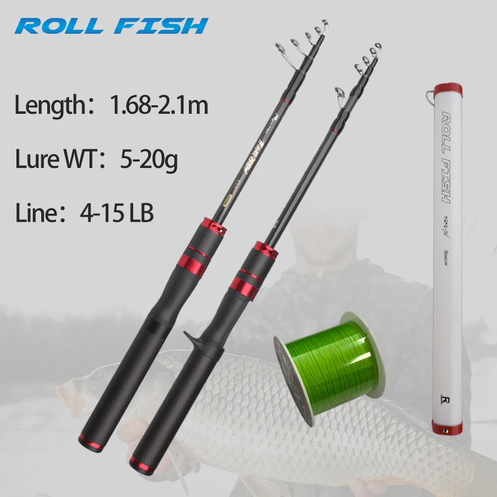 rollfish-カーボンファイバー製トラベルポータブル伸縮式スピニング-キャスティングフィッシングロッド、サウンドリールシート付き、mlアクション、100mライン無料