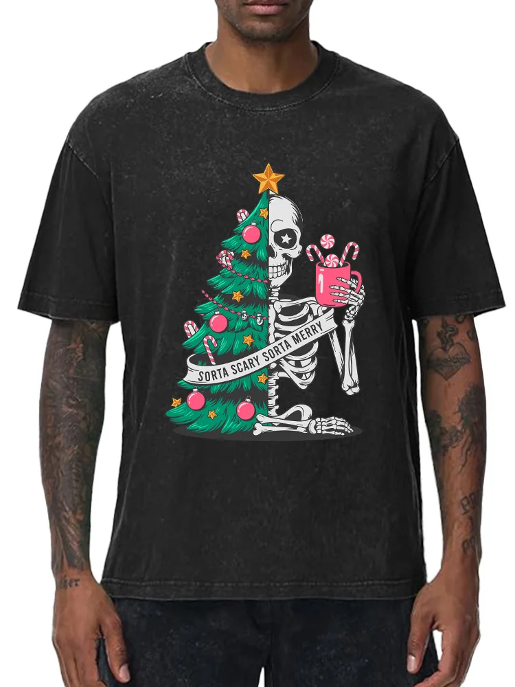 

Christmas Crew Men's Oversized Washed Graphic T-Shirt Christmas Print Streetwear Tee Vintage Casual Top