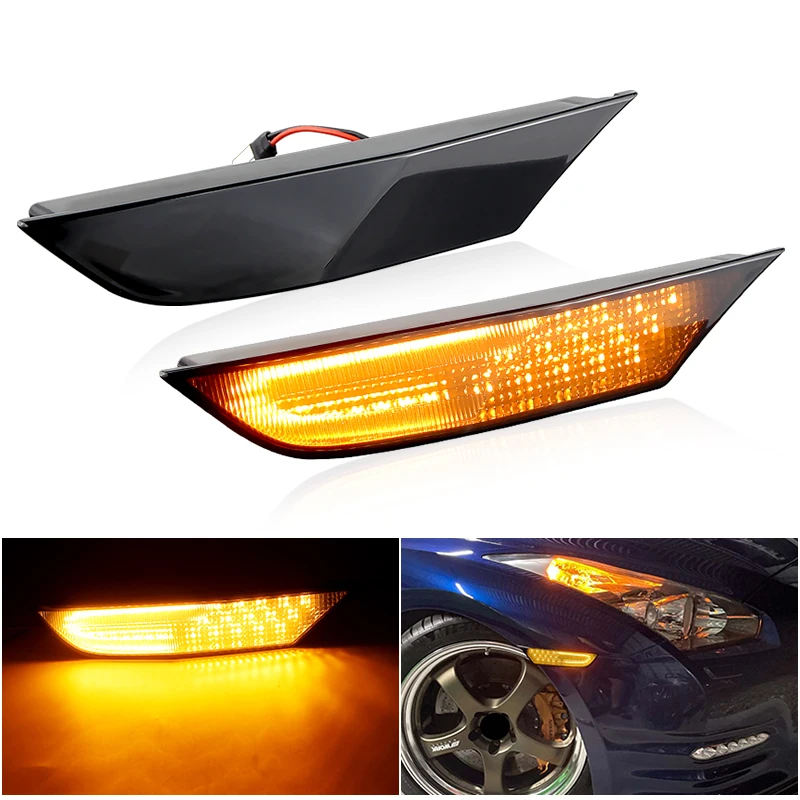 

2× for Nissan GTR R35 Coupe GT-R Premium Pure - Auto LED Side Marker Light Dynamic Turn Signal Blinker Indicator Lamps Canbus