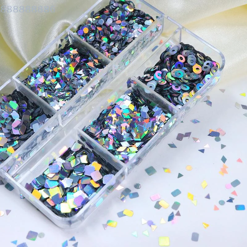 Glitter per unghie Flash Modelli geometrici Decorazione con ciondolo per unghie per unghie migliorate 6 griglie Strumenti per manicure fai-da-te Laser per il miglioramento delle unghie