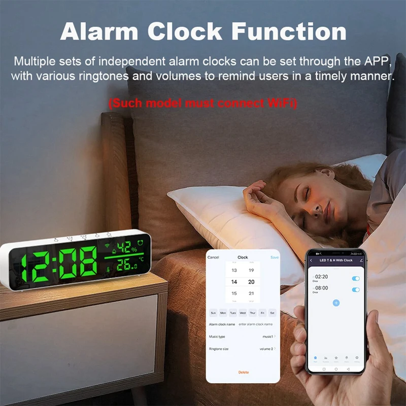 Tuya Wifi Temperature And Humidity Alarm Clock Multi-Function LED Digital Clock For Living Room, Farmhouse, Office