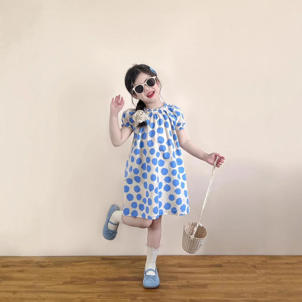 2025 Girls Summer Small Fresh Blue Polka Dot Loose Dress Fungus Edge Collar Bubble Short Sleeve Princess Dress