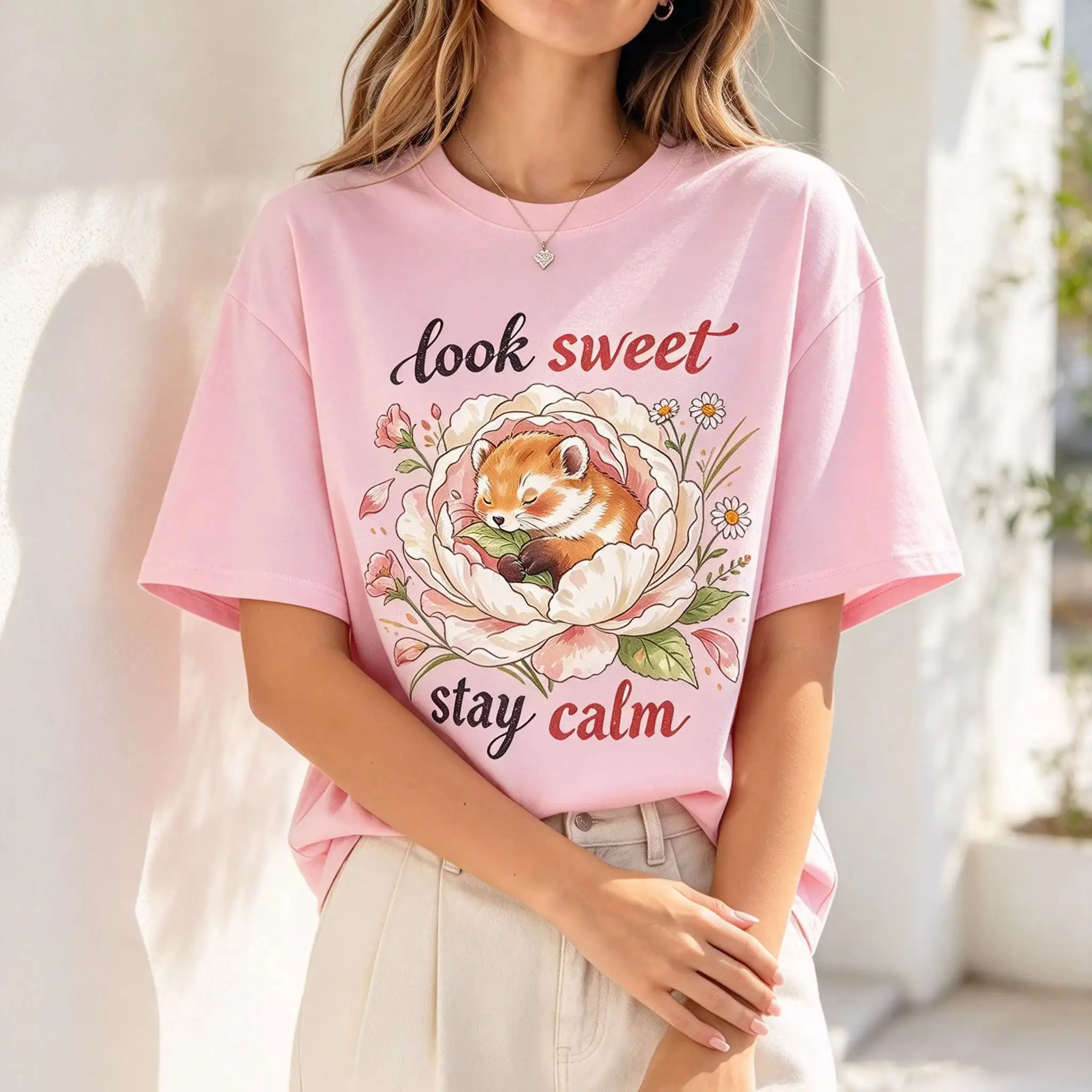 Look Sweet Stay Calm Floral Red Panda Graphic T Shirt Women Vintage Watercolor Animal Flower Casual Short Sleeve Ladies Tops