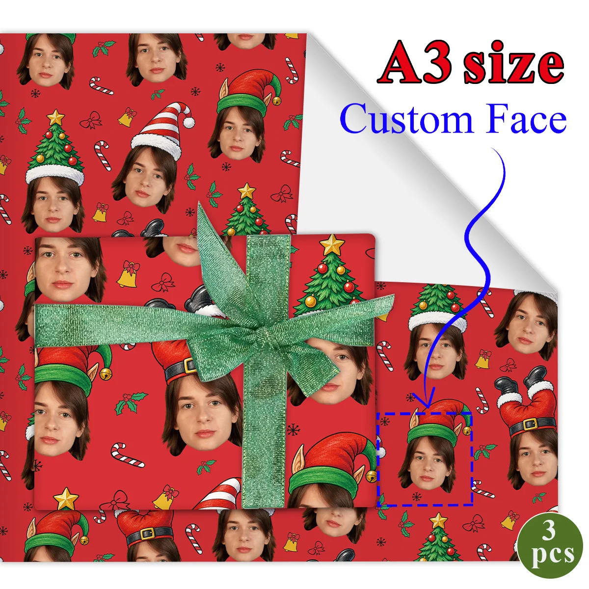 3pcs Custom Face Christmas Decorative Paper,Funny Personalized Your Photo With Xmas Pattern,For Holiday Gift Box,Christmas Party