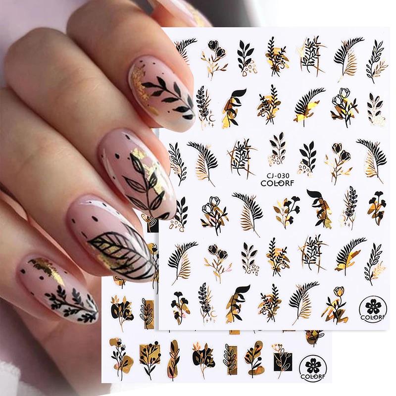 1 Pc White Gold 3D Nail Stickers Leaf Leaves Cute Spring Sliders for Nails Flowers Adhesive Sticker Nail Design Art Decorations