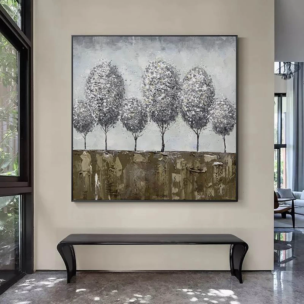 

Hand-painted Oil Painting on Canvas Abstract Three-dimensional Silvery Tree Painting Wall Art For Living Room Hedroom Decoration