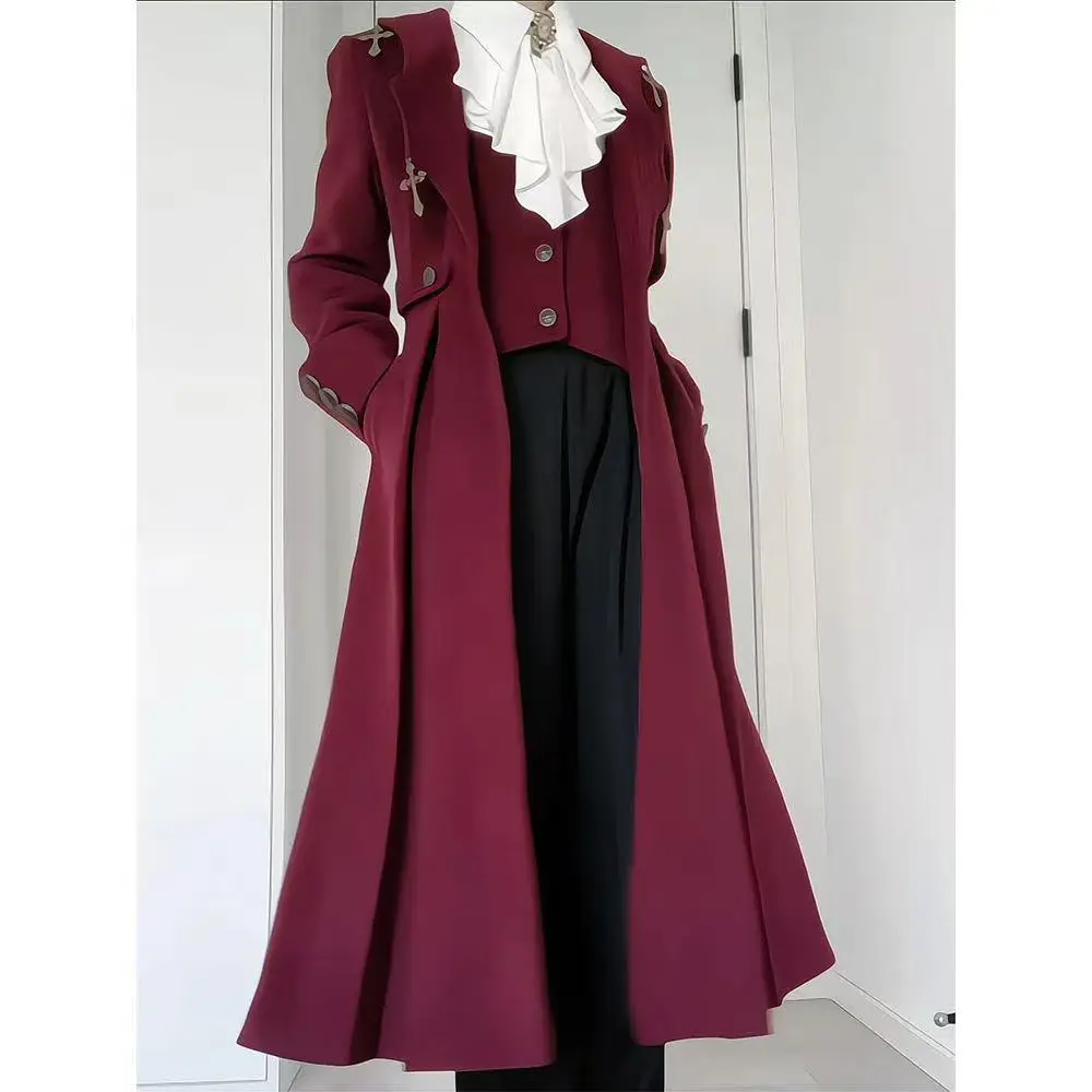 

Autumn Winter Gothic Style Long Coat Women Double-Row Button Medium-Length Windbreaker Halloween Cosplay Outfits Female Vintage