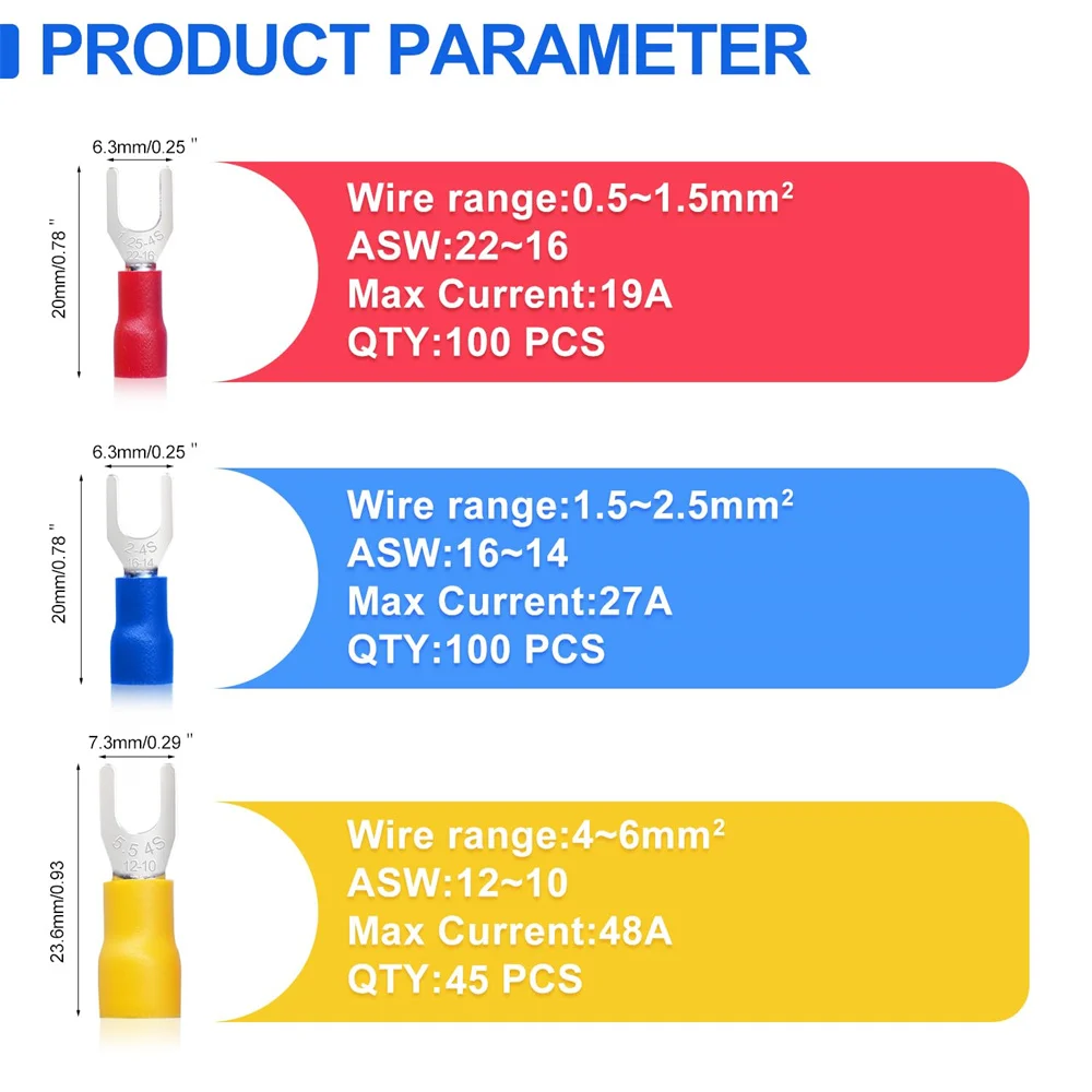 245PCS Insulated Fork Spade Wire Cable Connector 22-16/16-14/12-10 Gauge #8 Quick Splice Crimp U-Type Terminal Connectors Kit