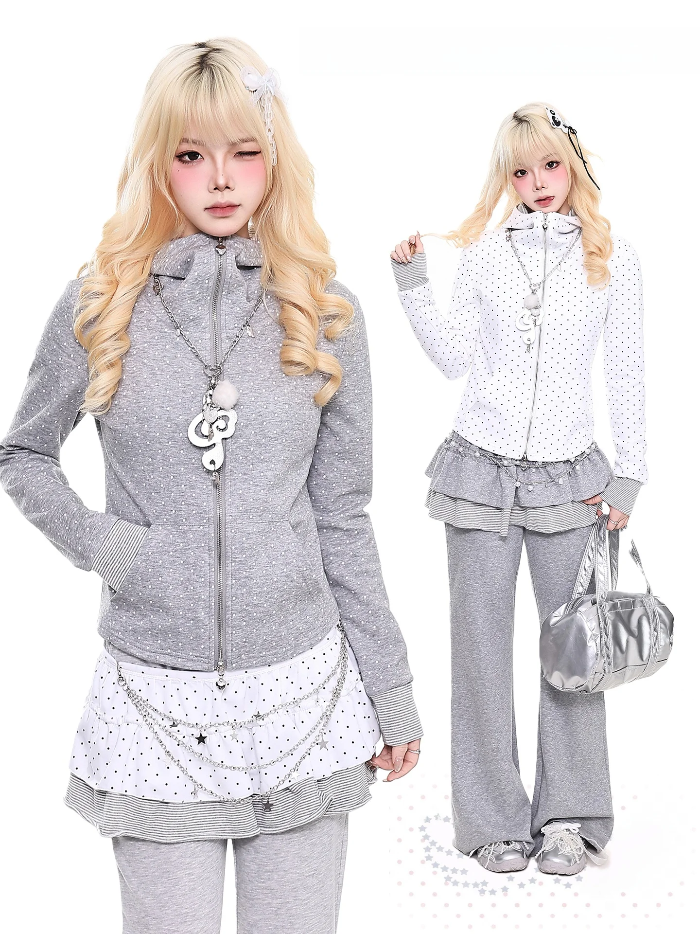 

ay Polka Dot Hoodie Jaet Women's ort Zipper Coat Spring New Sle Casual Slimming Hooded Sweatirt Straight Tube pe