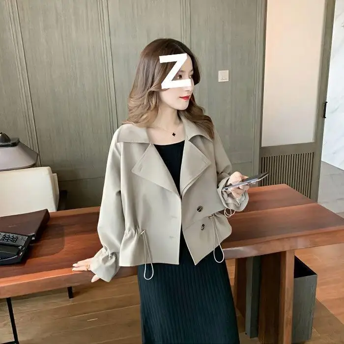 

Women's Short Pure Color Windbreaker Spring 2023 Drawstring Casual Princess Sleeve Polyester Elastic Fiber Coat
