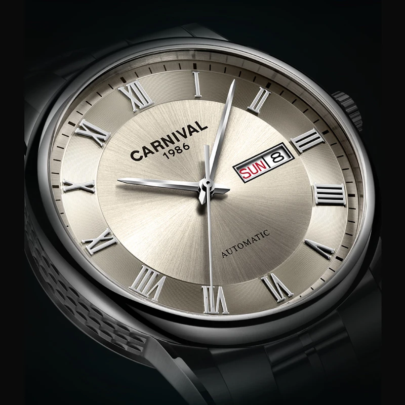 CARNIVAL Watch For Men Luxury Rome Time Automatic Mechanical Watches Gray Dial Date Business Men\'s Watch Relogio Masculino