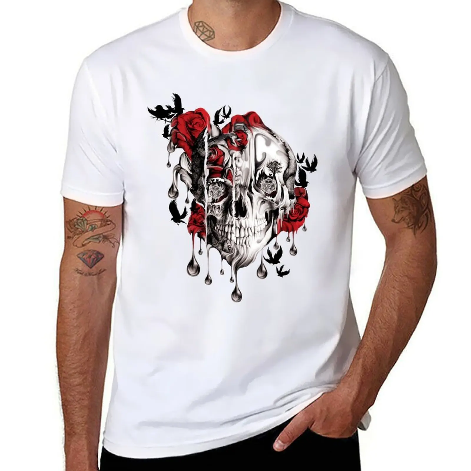 Melt down, grunge rose skull T-Shirt t shirts for man cotton man t shirt heavy cotton T-Shirt