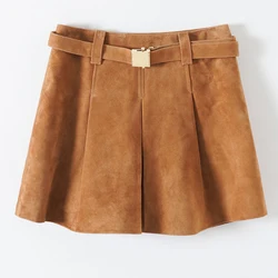 Luxury Sheepskin Suede Skirts for Women 2024 Fall Winter Y2K Girls High Waist Metal Buckle Belt Real Leather Mini Pleated Skirts