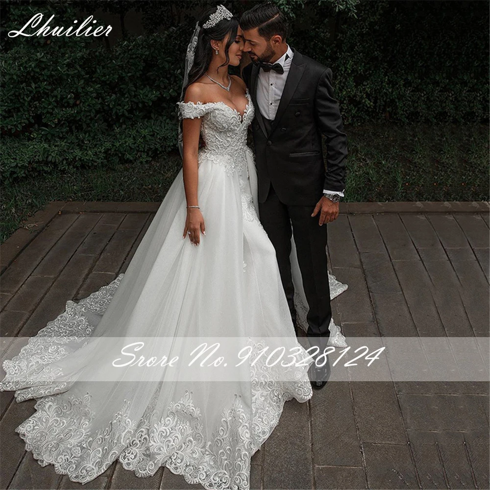 Lhuilier Customized Women's Boat Neck Lace Mermaid Wedding Dresses Beaded Appliques Bridal Dress with Detachable Train