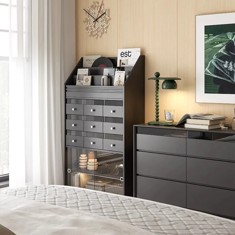 Medieval solid wood black bookcase French retro storage cabinet living room study bedroom floor storage cabinet