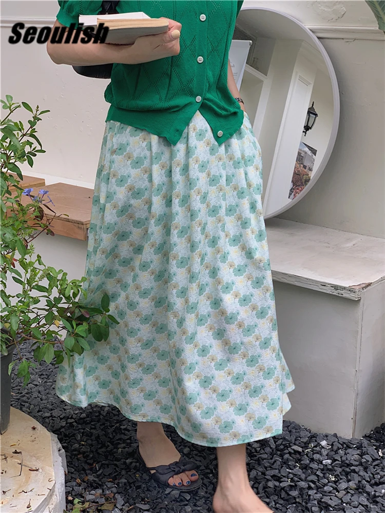 Seoulish Summer Floral Printed Women's Mi-long Skirts 2022 New High Waist Vintage Umbrella Fashion A-Line Skirts Pocket Female