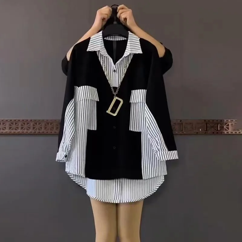 2024 Fashion Korean Striped Patchwork Shirt Female Casual Long Sleeve Loose Single-breasted Blouse Women's Clothing